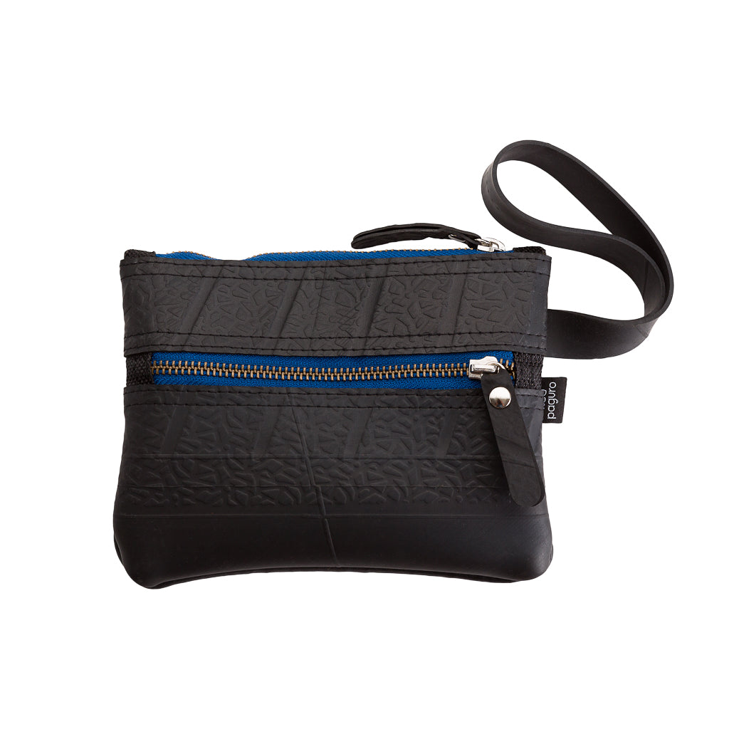 Erin Vegan Wristlet and Belt Pouch made from recycled rubber, featuring a zip pocket and wristlet strap, available in various colors.